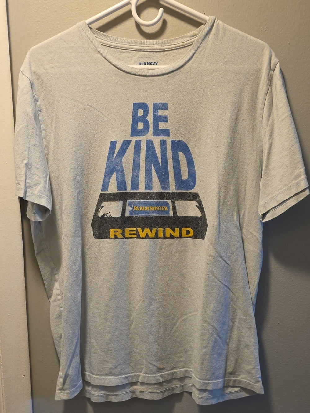 Old Navy Blue Tee with Blue & Yellow 'BE KIND REWIND' Graphic